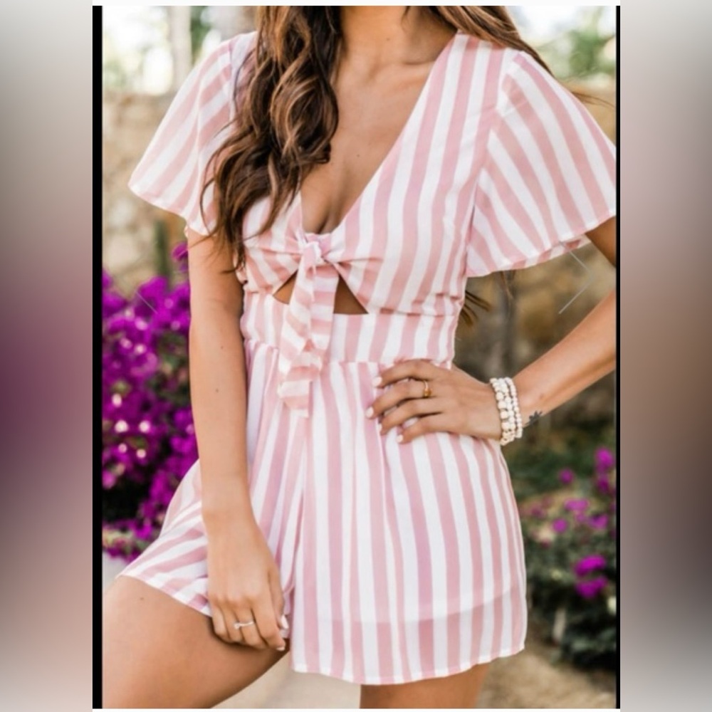 Pink Lily pink and White Striped romper